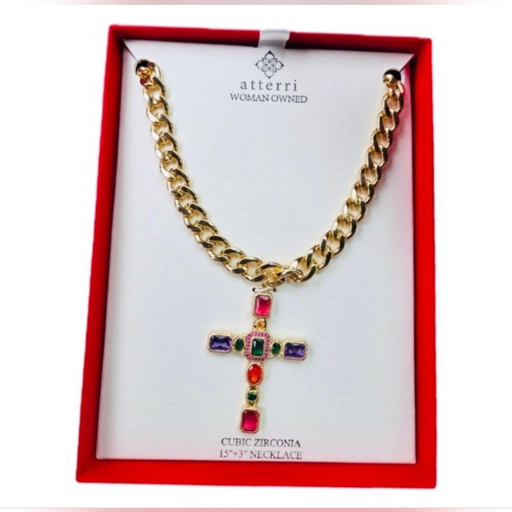 💛▪️Atterri▪️ Gold Cuban link Multicolor Cross cubic zirconia 15in Necklace